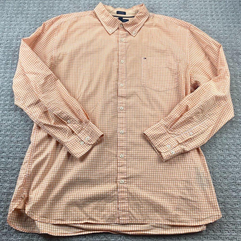 Tommy Hilfiger Shirt Men XXL Orange White Checkered Custom Fit Button Down Polo